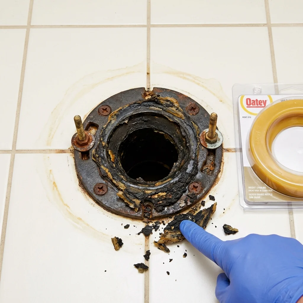 Failed wax ring showing water seepage at the base of a toilet in a Lebanon, IL home