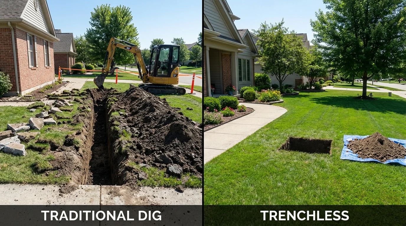 Trenchless sewer repair with minimal yard damage versus traditional excavation in Lebanon, IL