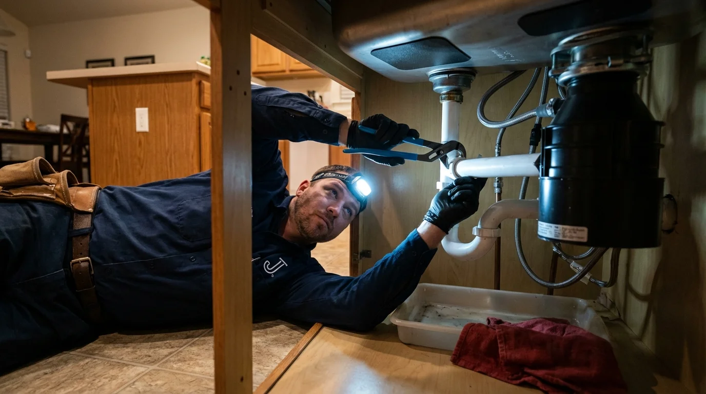 P-trap and supply line connections under a kitchen sink showing a common leak point in Lebanon, IL